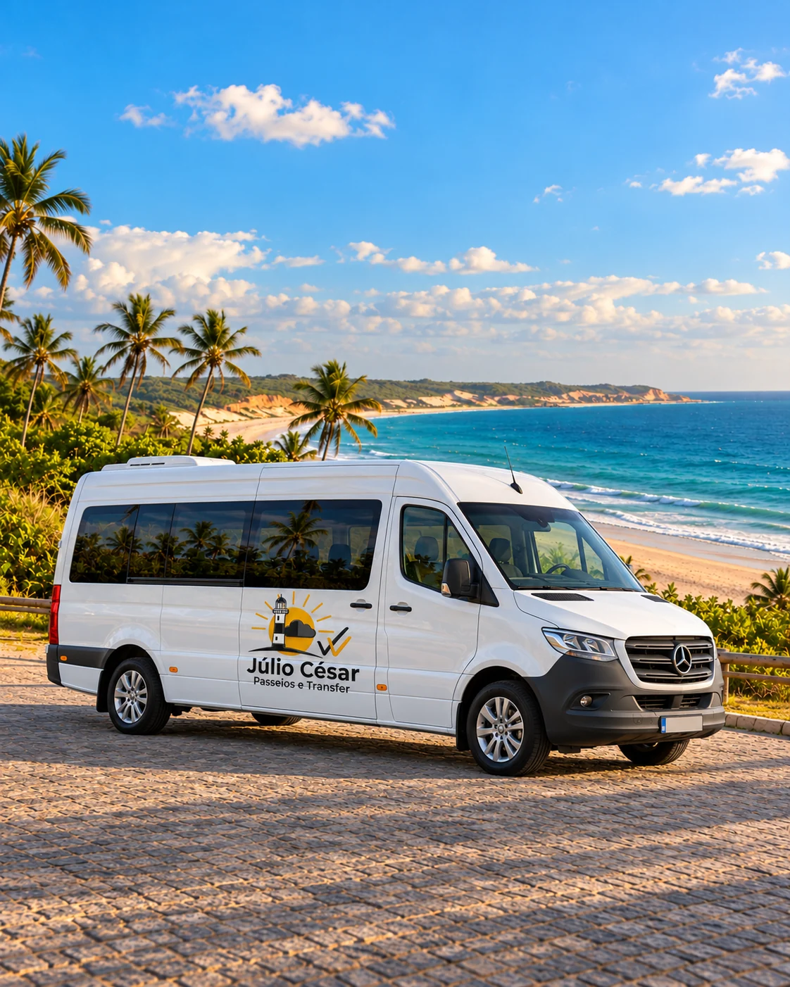Van Mercedes-Benz branca com a logomarca Júlio César à beira-mar